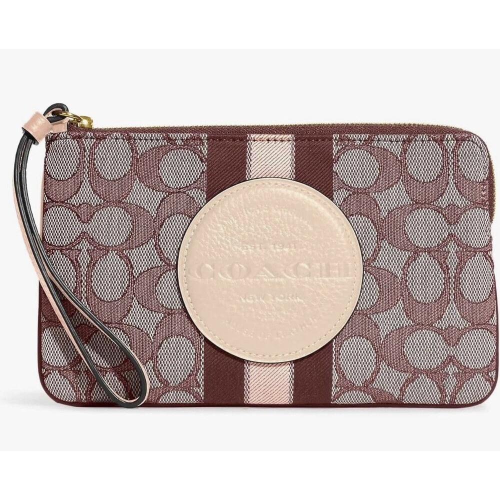 NWT Coach Dempsey Logo Stripe Lg Corner Zip with Wrist Strap IM/WINE MULTI